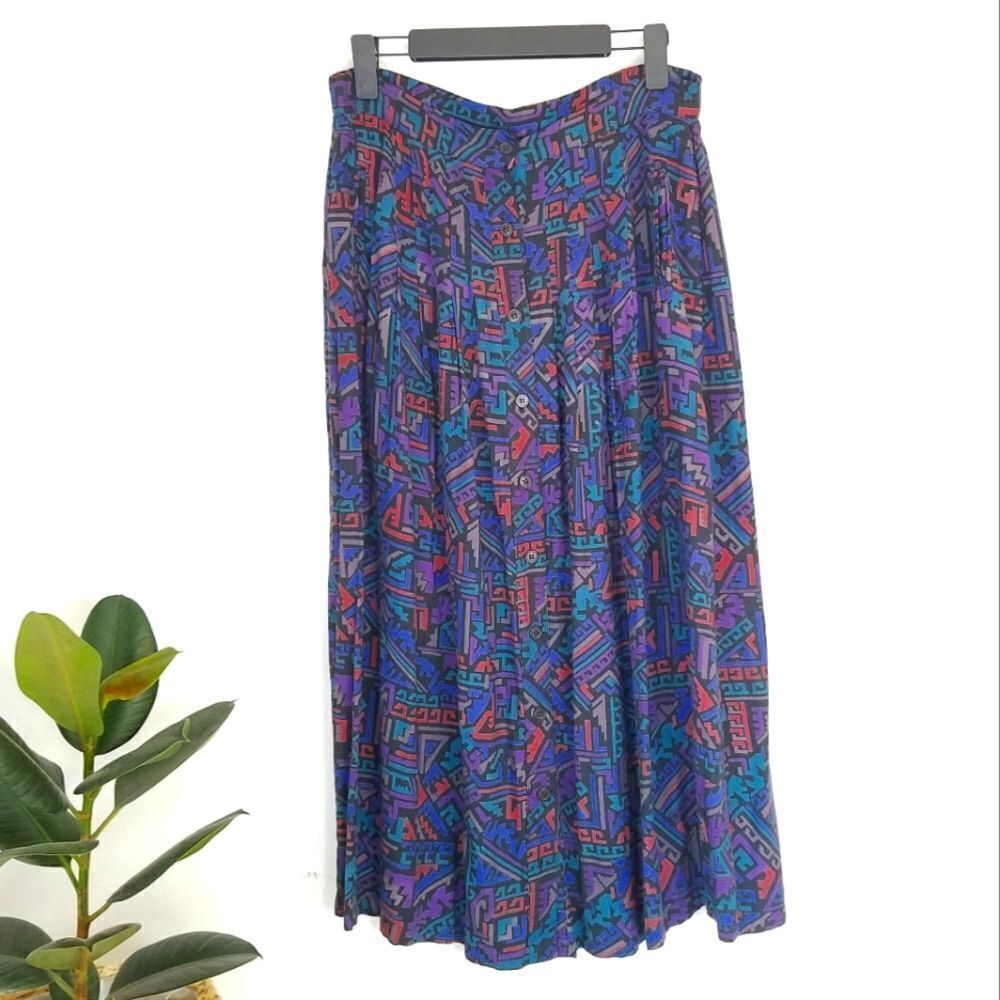Vintage 80s Adini Geometric Rayon Pleated Soft Midi Button Front Prairie Skirt